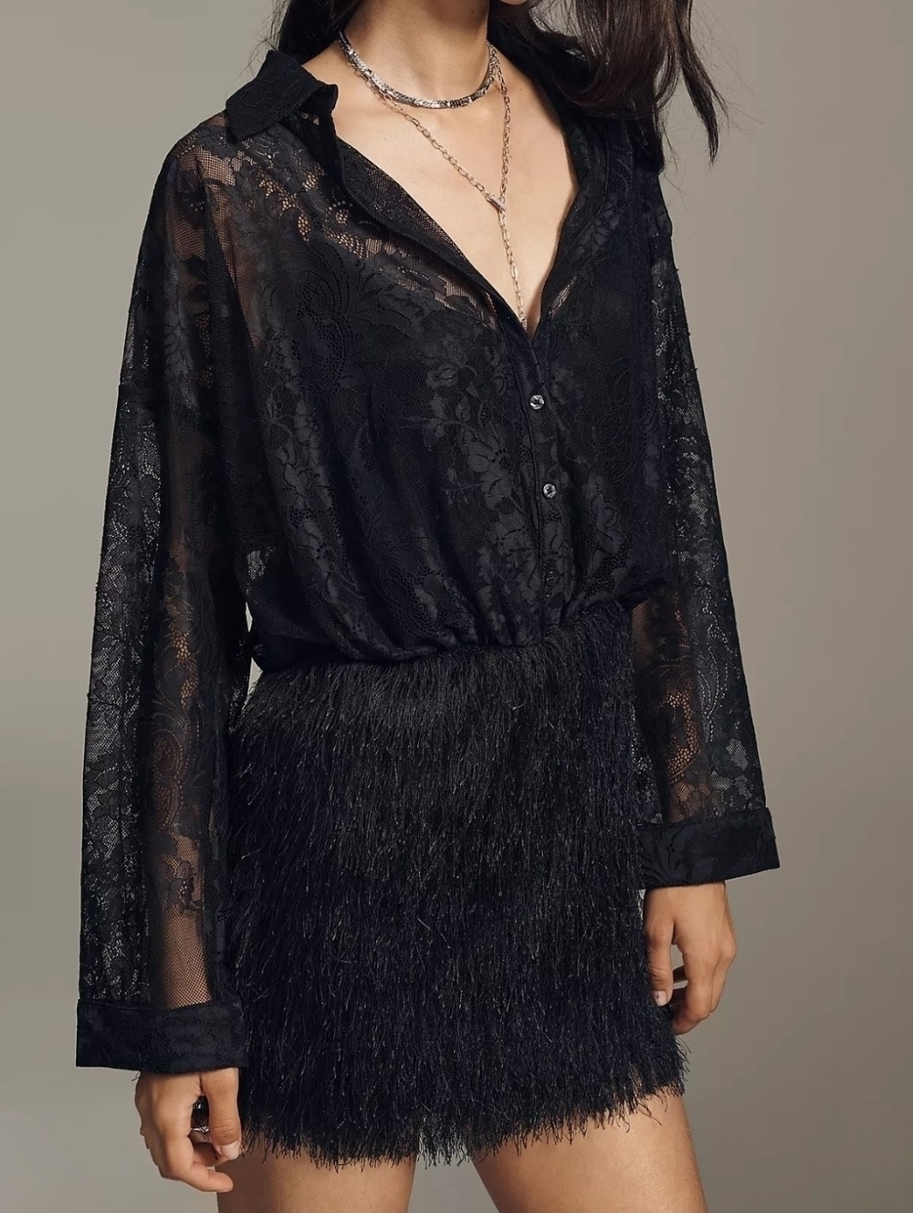 Maeve Fringe Twofer Mini Shirt Dress Black Lace Button- Up Fringe Feather, XS